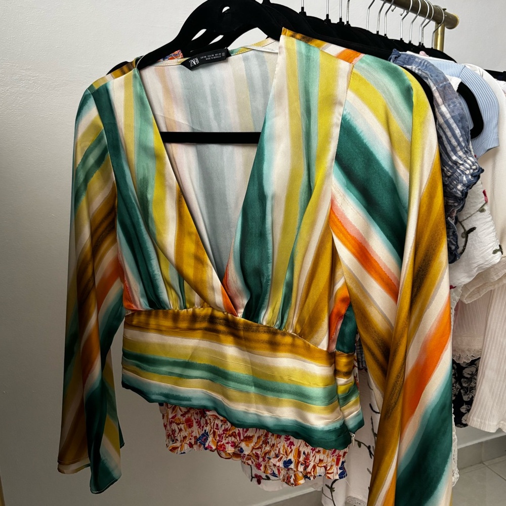 Zara Green and Orange Striped V-Neck Blouse